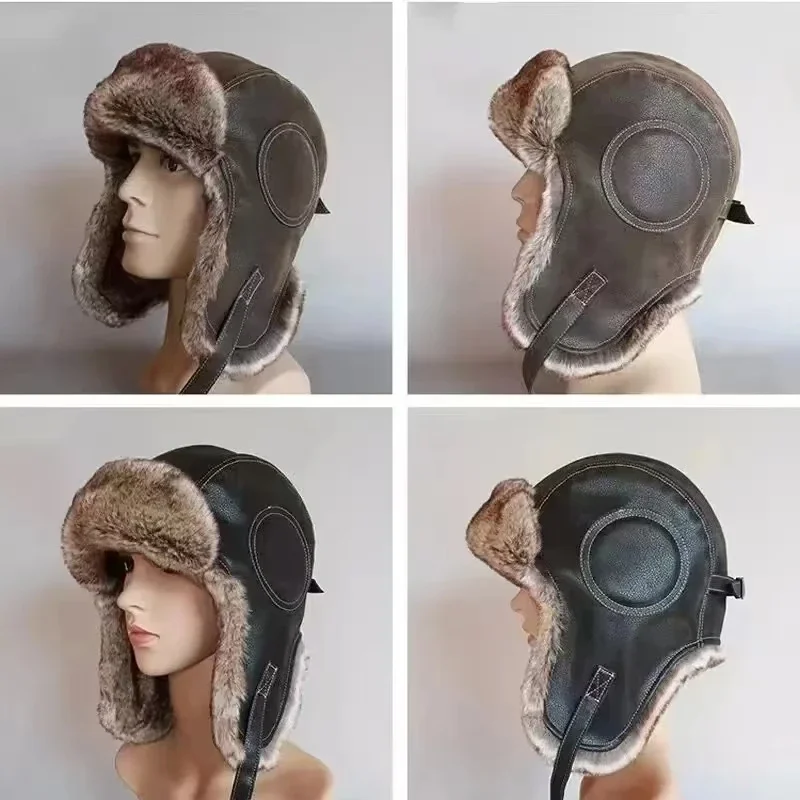 Winter Trapper Hat - Leather SnowWint Cap With Ear Flaps